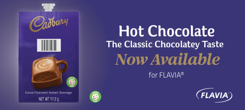 Enjoy the warming, comforting and uplifting indulgence of a Cadbury Hot Chocolate, soon to be available for your FLAVIA® machines, replacing the delisted Galaxy Hot Chocolate.
